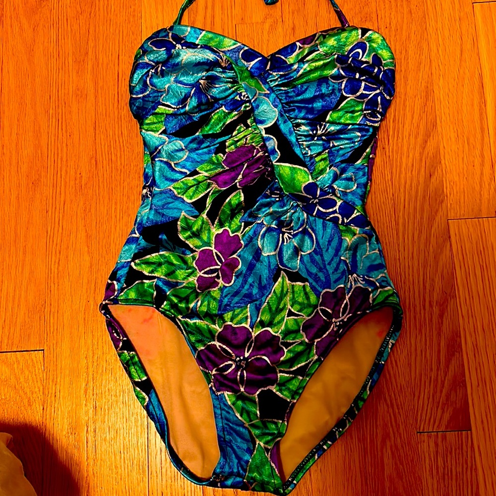 EUC SlimSuit by Carol Wior Tropical Print Halter One Piece